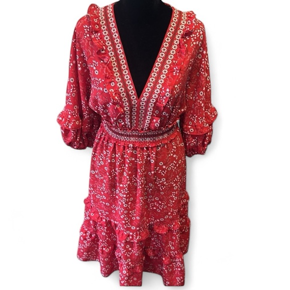 Max Studio Red Sundress with Ruffled Tiered Skirt and 3/4 Bishop Sleeves size S - Picture 12 of 12